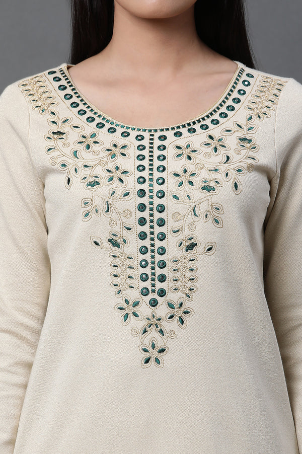 Ecru Embroidered Winter Kurta and Tights Set