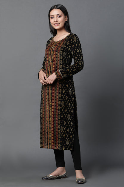 Black Sequined Winter Kurta and Tights Set