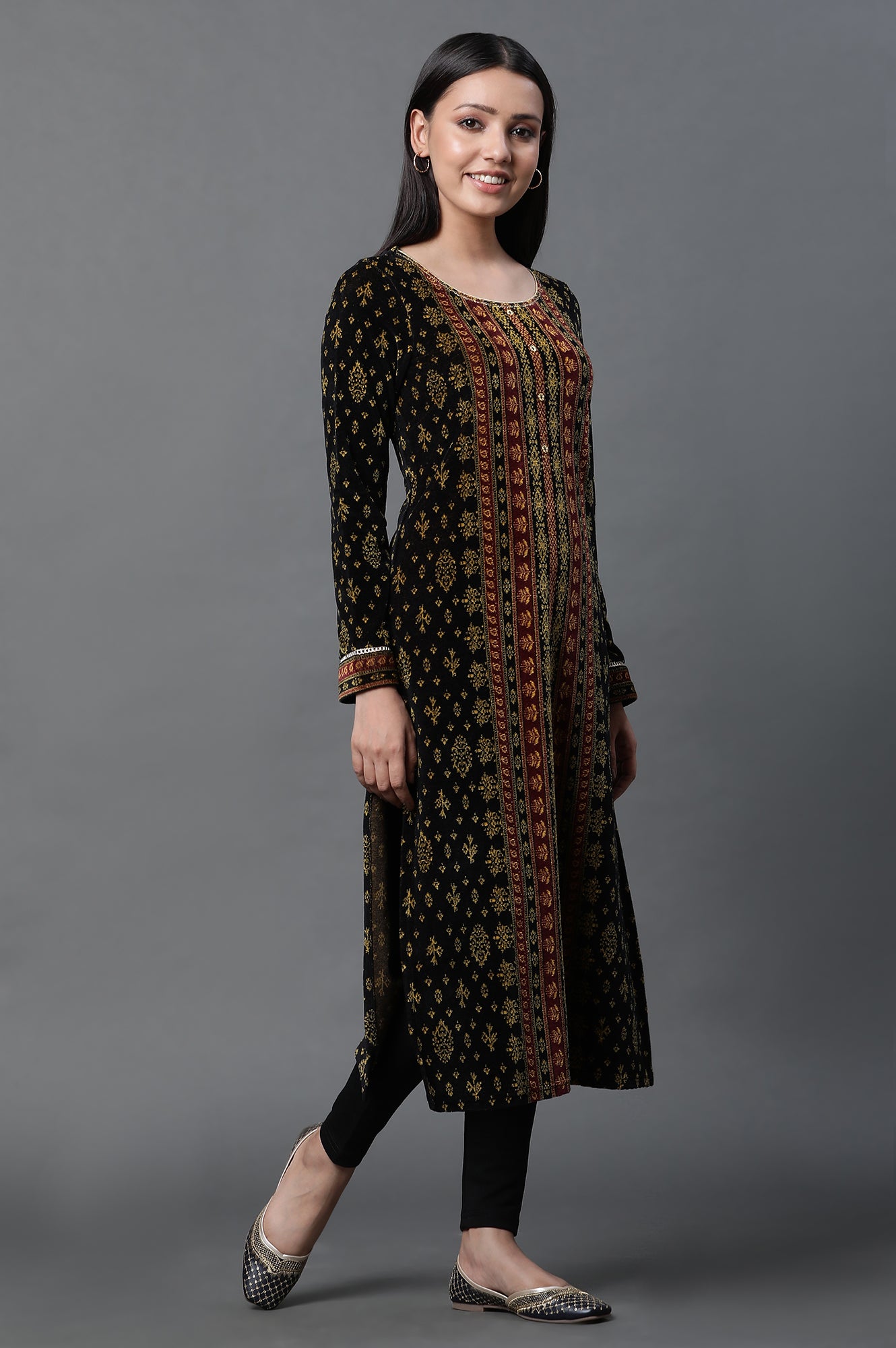 Black Sequined Winter Kurta and Tights Set