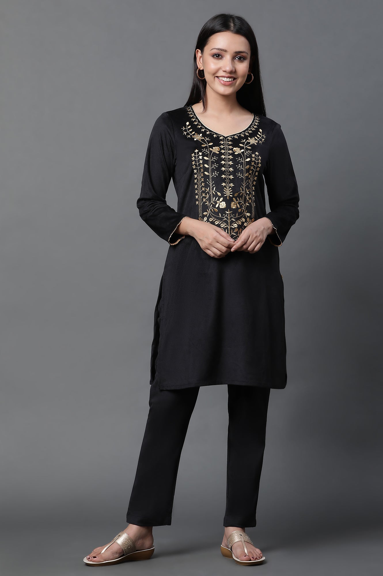 Black Zari Embroidered Velvet Kurta and Pants Set