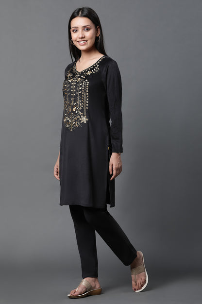 Black Zari Embroidered Velvet Kurta and Pants Set