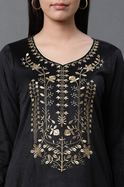 Black Zari Embroidered Velvet Kurta and Pants Set