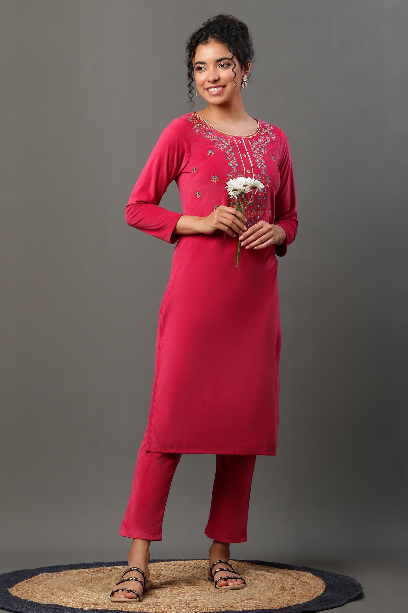 Pink Embroidered Velvet Winter Kurta and Pants Set