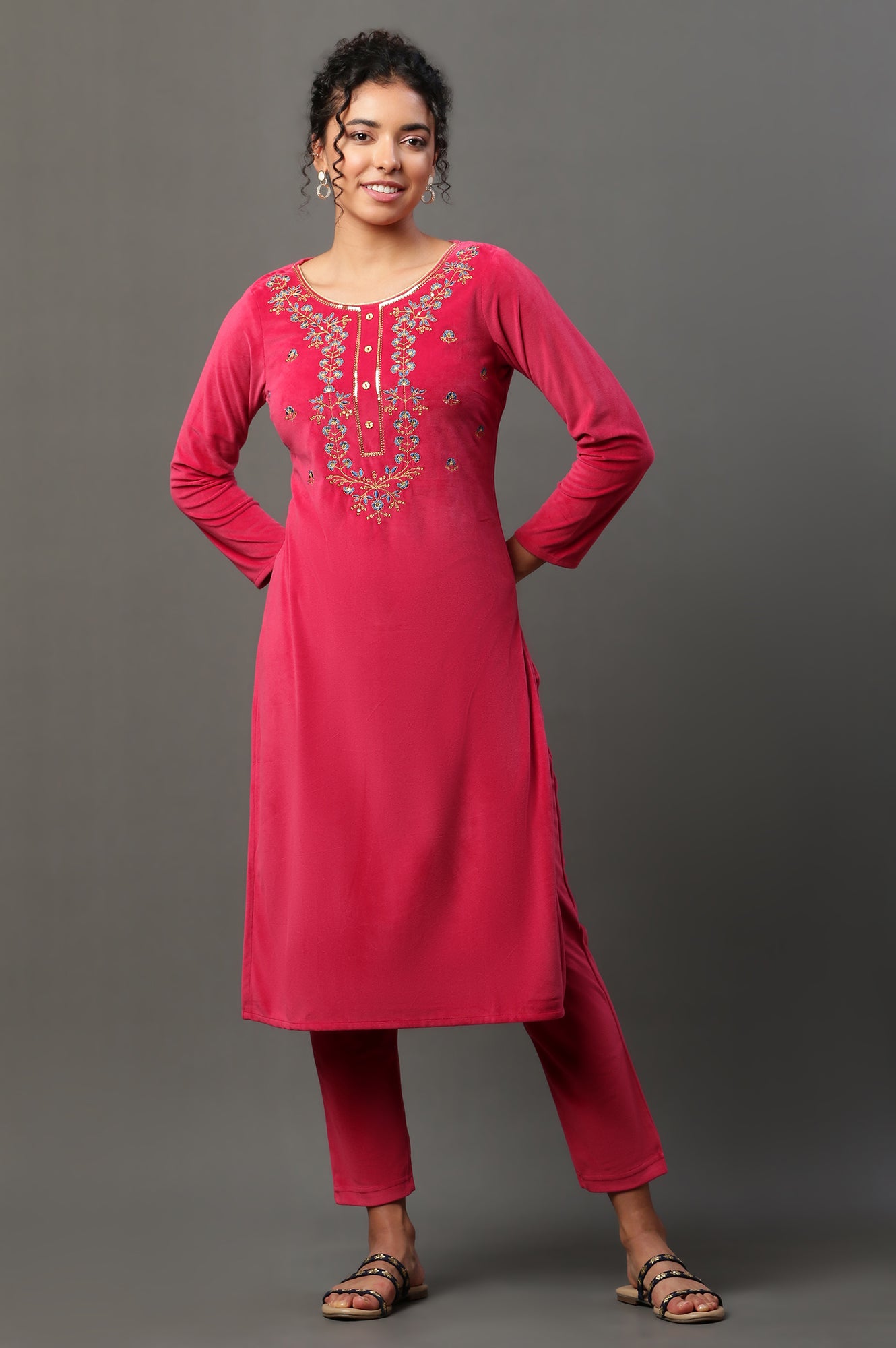 Pink Embroidered Velvet Winter Kurta and Pants Set