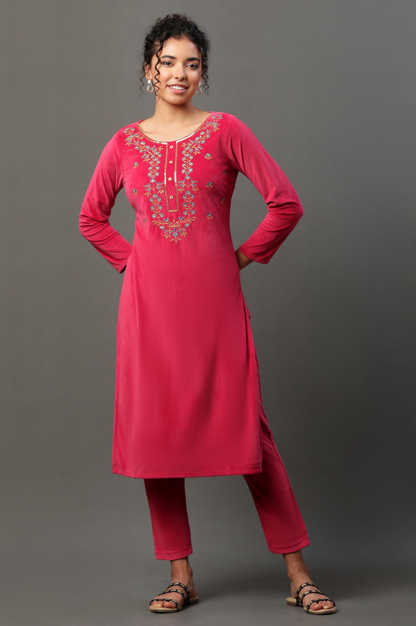 Pink Embroidered Velvet Winter Kurta and Pants Set