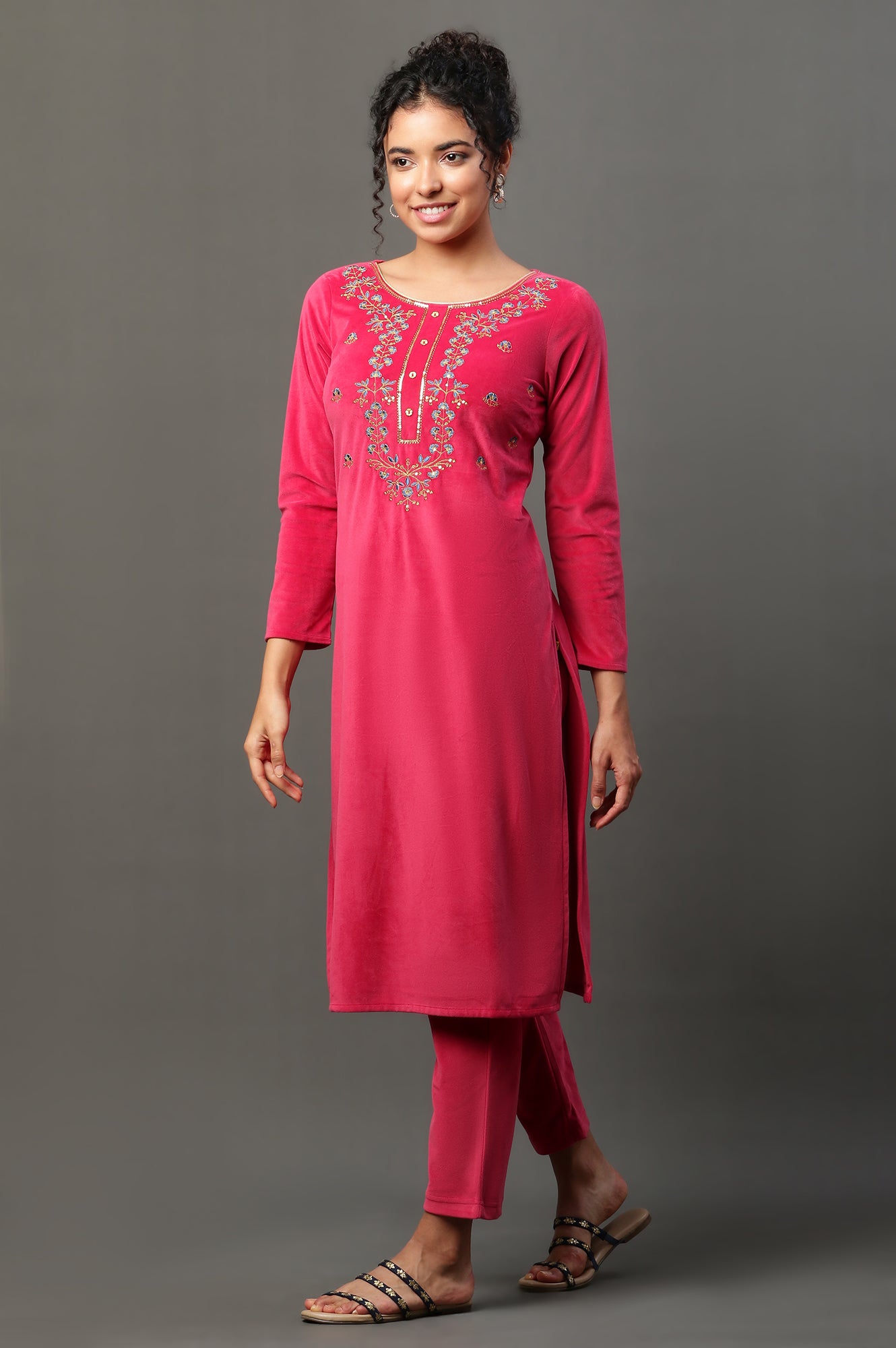 Pink Embroidered Velvet Winter Kurta and Pants Set