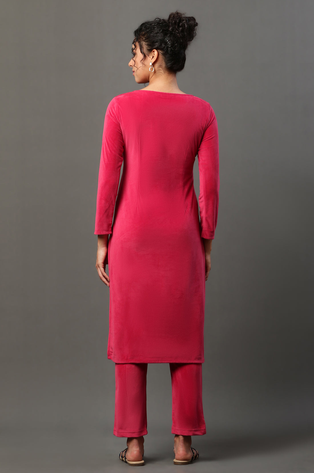 Pink Embroidered Velvet Winter Kurta and Pants Set