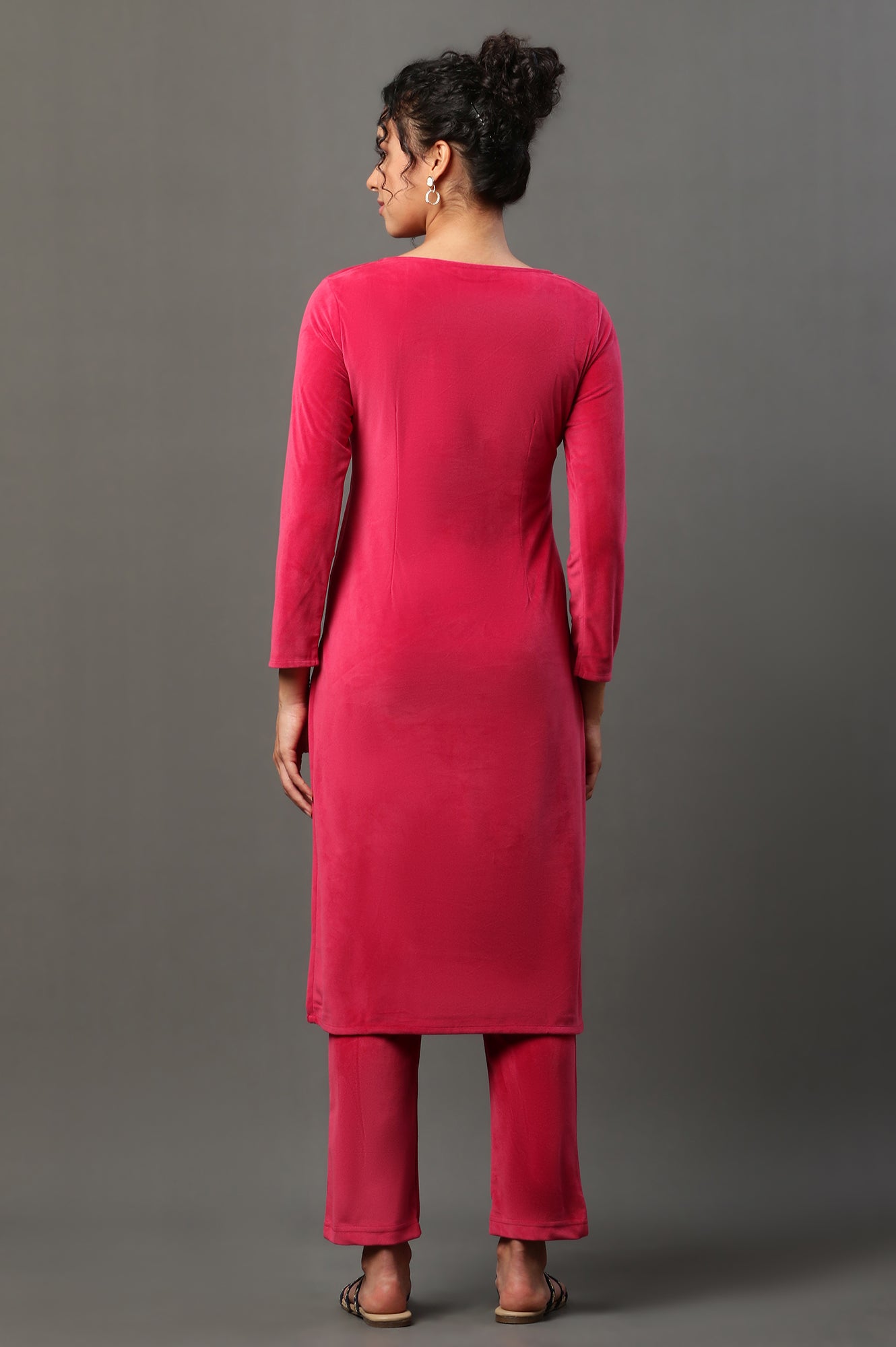 Pink Embroidered Velvet Winter Kurta and Pants Set