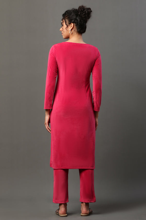 Pink Embroidered Velvet Winter Kurta and Pants Set