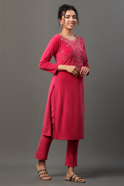 Pink Embroidered Velvet Winter Kurta and Pants Set