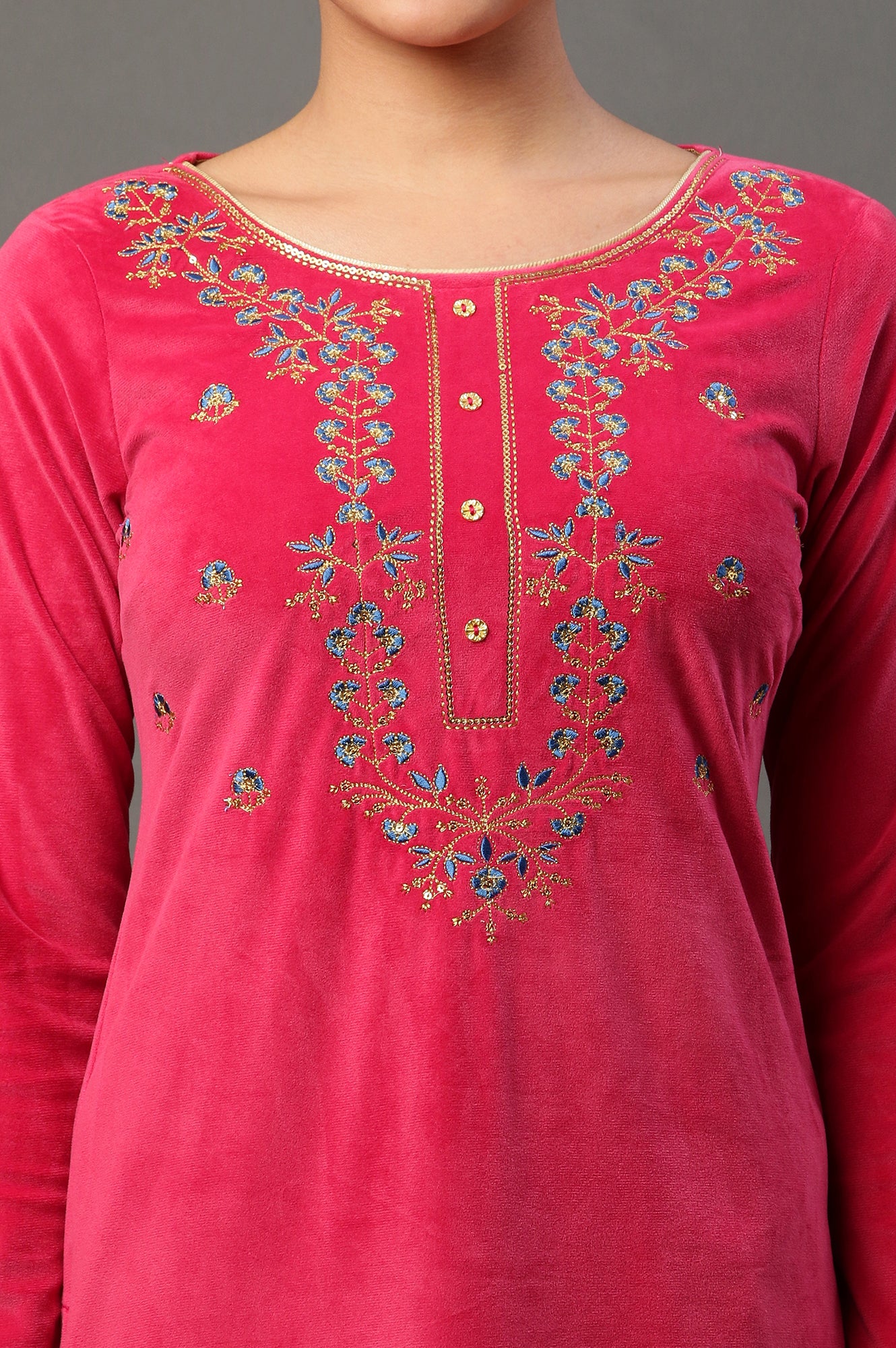 Pink Embroidered Velvet Winter Kurta and Pants Set