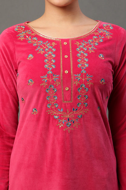 Pink Embroidered Velvet Winter Kurta and Pants Set