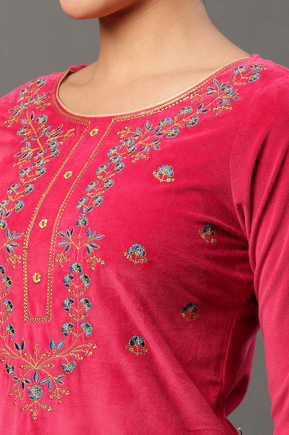 Pink Embroidered Velvet Winter Kurta and Pants Set