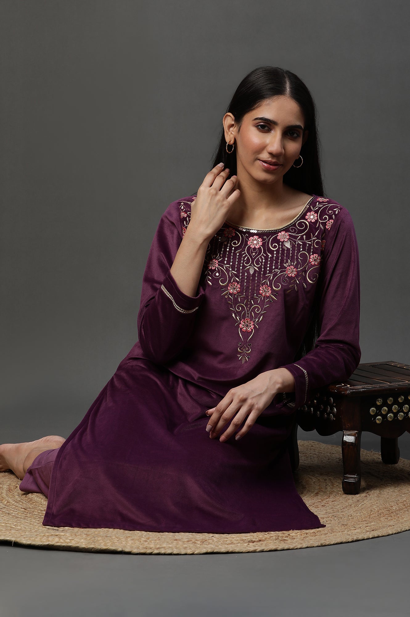 Purple Zari Embroidered Velvet Kurta and Pants Set