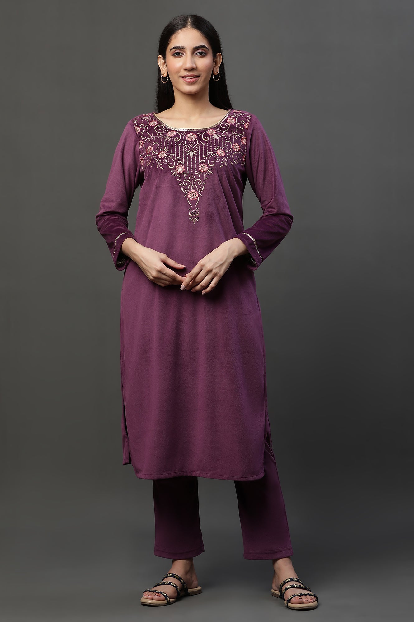 Purple Zari Embroidered Velvet Kurta and Pants Set