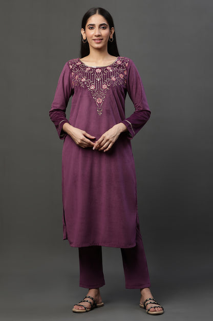 Purple Zari Embroidered Velvet Kurta and Pants Set