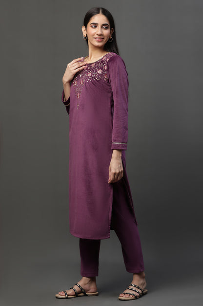 Purple Zari Embroidered Velvet Kurta and Pants Set