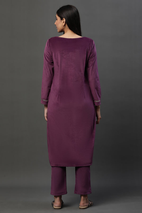 Purple Zari Embroidered Velvet Kurta and Pants Set