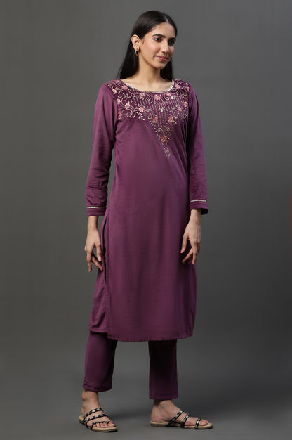 Purple Zari Embroidered Velvet Kurta and Pants Set