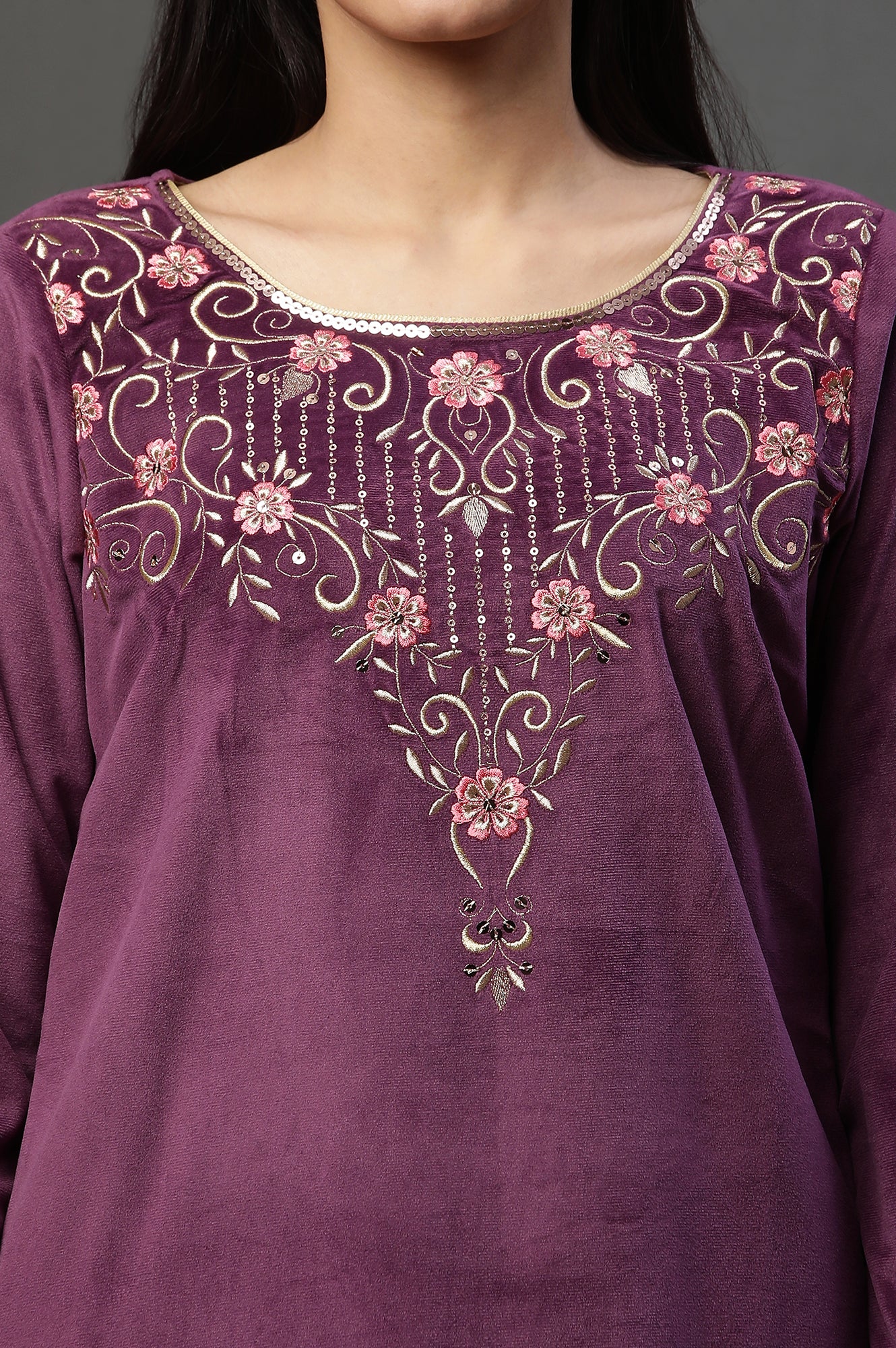 Purple Zari Embroidered Velvet Kurta and Pants Set