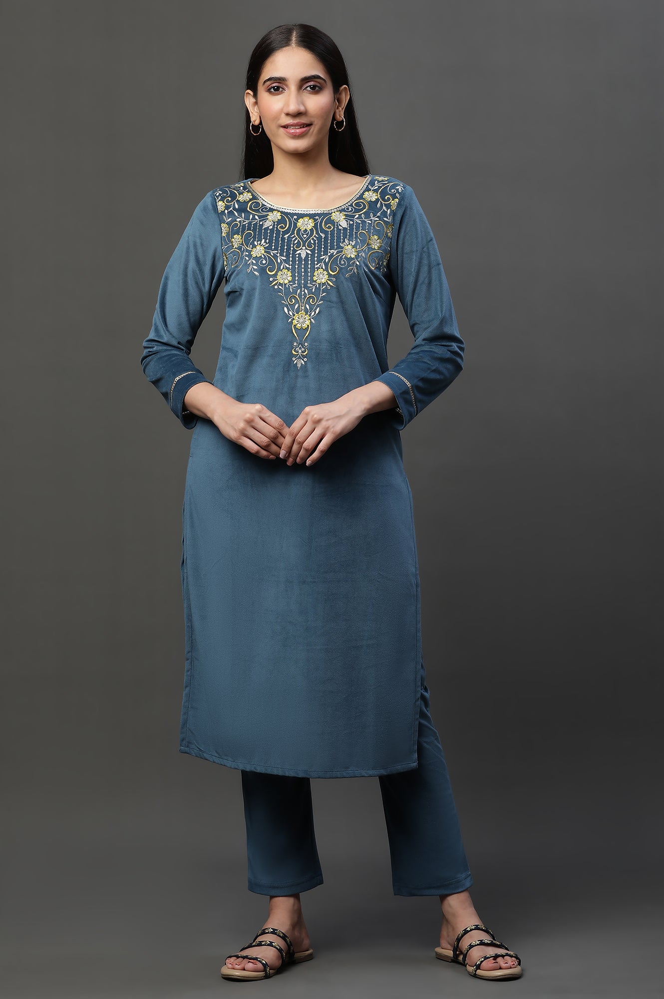 Blue Zari Embroidered Velvet Kurta and Pants Set