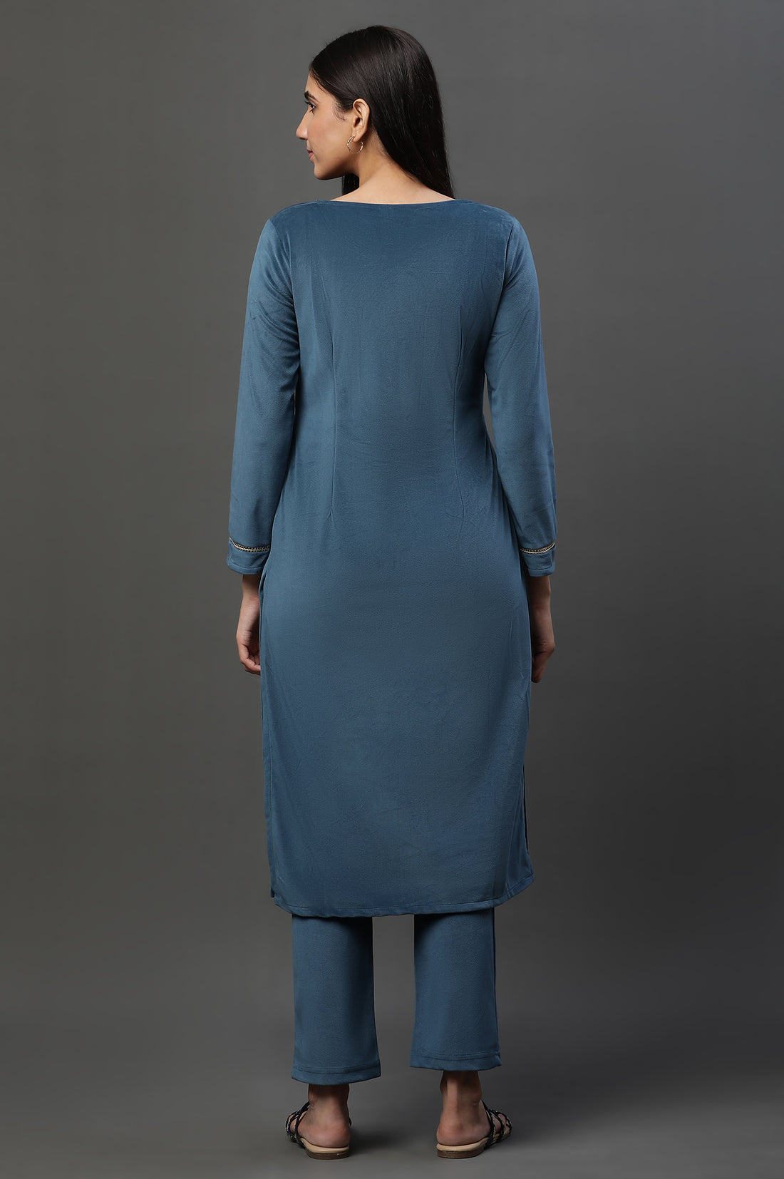 Blue Zari Embroidered Velvet Kurta and Pants Set