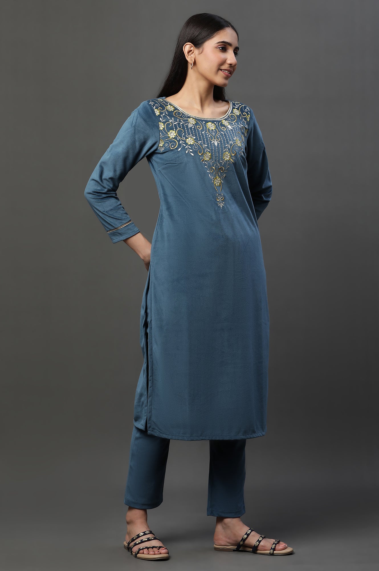 Blue Zari Embroidered Velvet Kurta and Pants Set