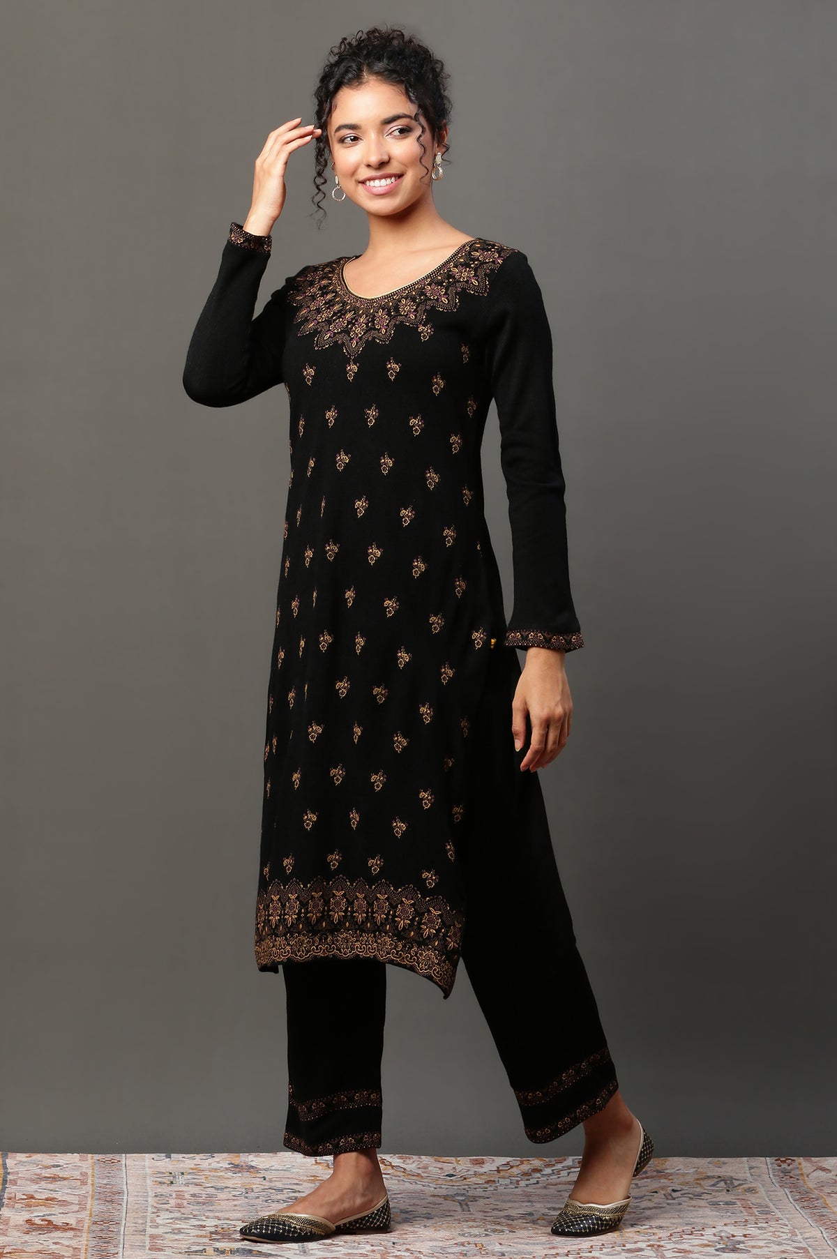 Black Floral Printed Winter Kurta and Palazzos Set - XS