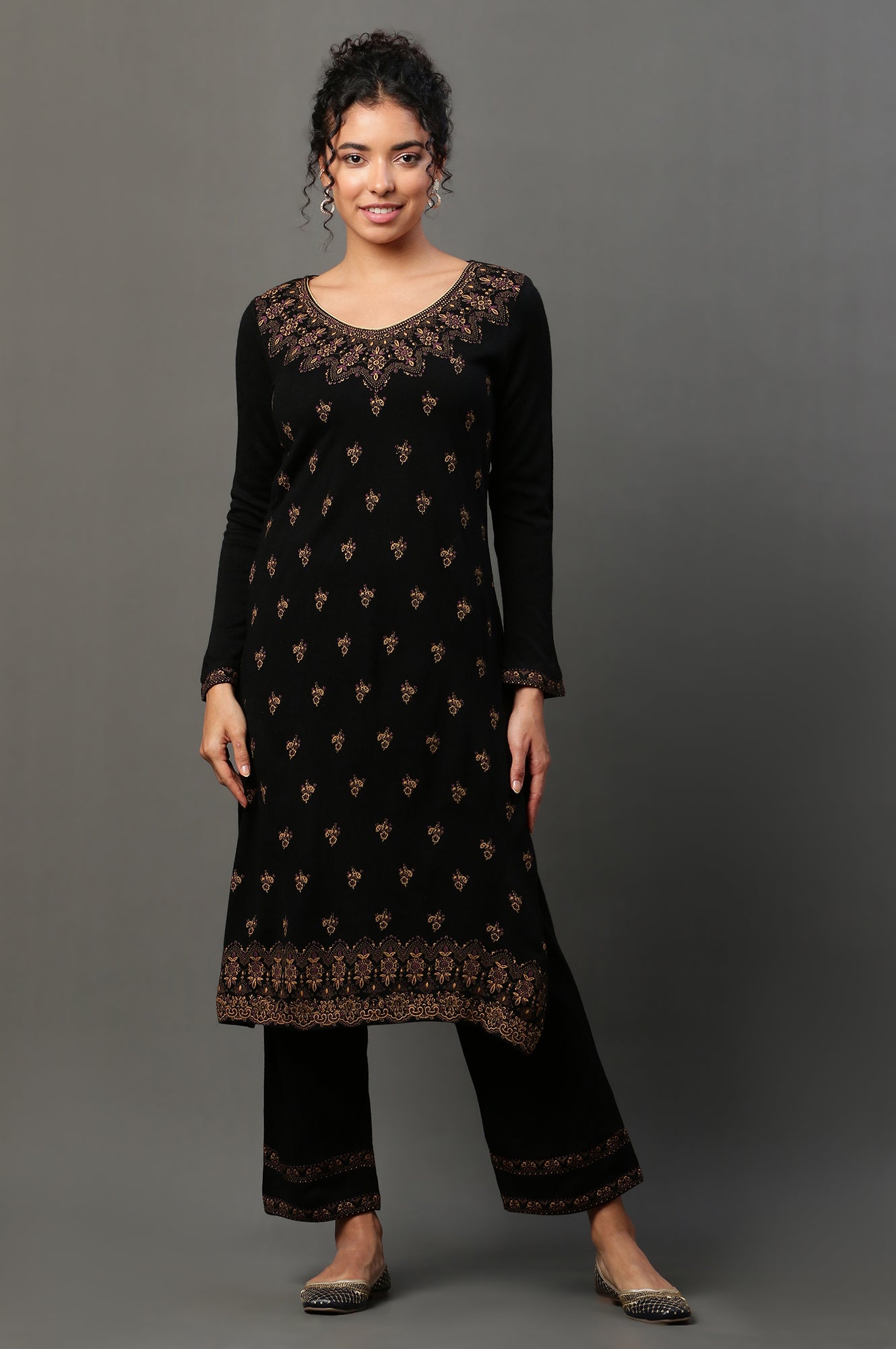 Black Floral Printed Winter Kurta and Palazzos Set