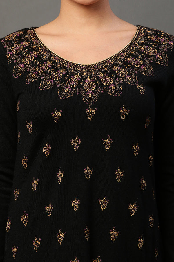 Black Floral Printed Winter Kurta and Palazzos Set