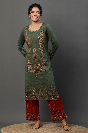 Green Floral Printed Winter Kurta and Palazzos Set