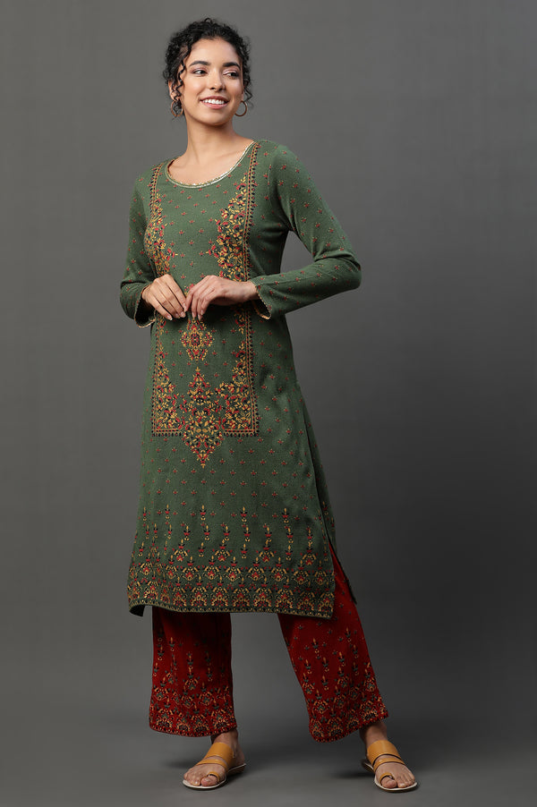 Green Floral Printed Winter Kurta and Palazzos Set