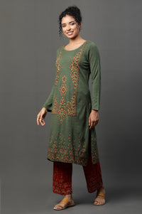 Green Floral Printed Winter Kurta and Palazzos Set