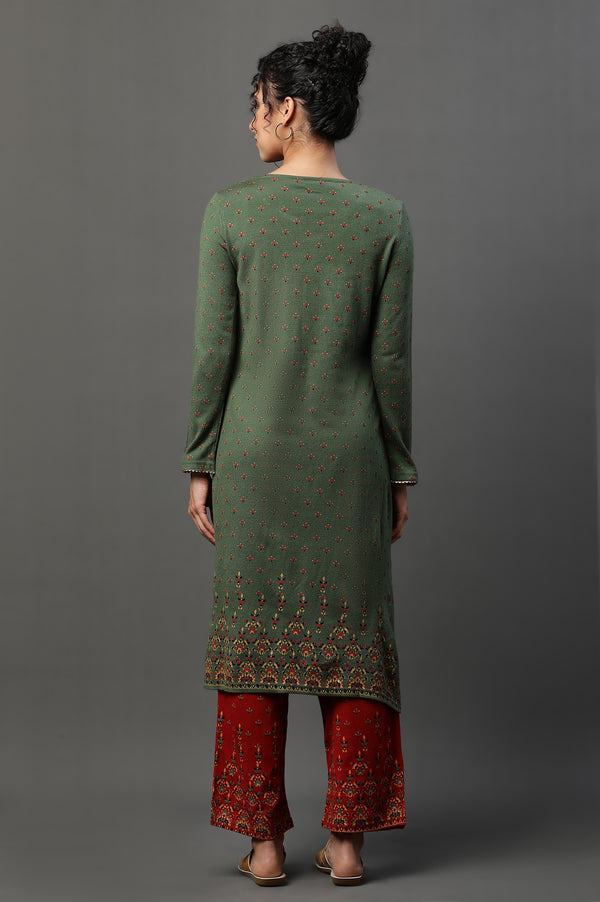 Green Floral Printed Winter Kurta and Palazzos Set