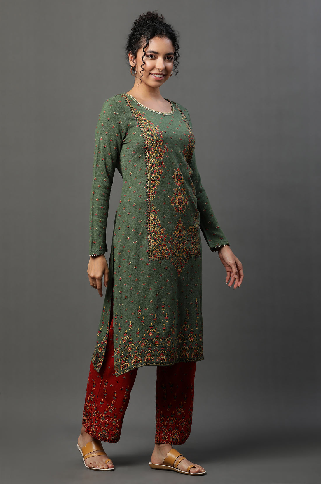 Green Floral Printed Winter Kurta and Palazzos Set