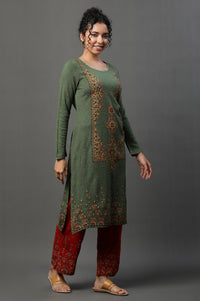 Green Floral Printed Winter Kurta and Palazzos Set