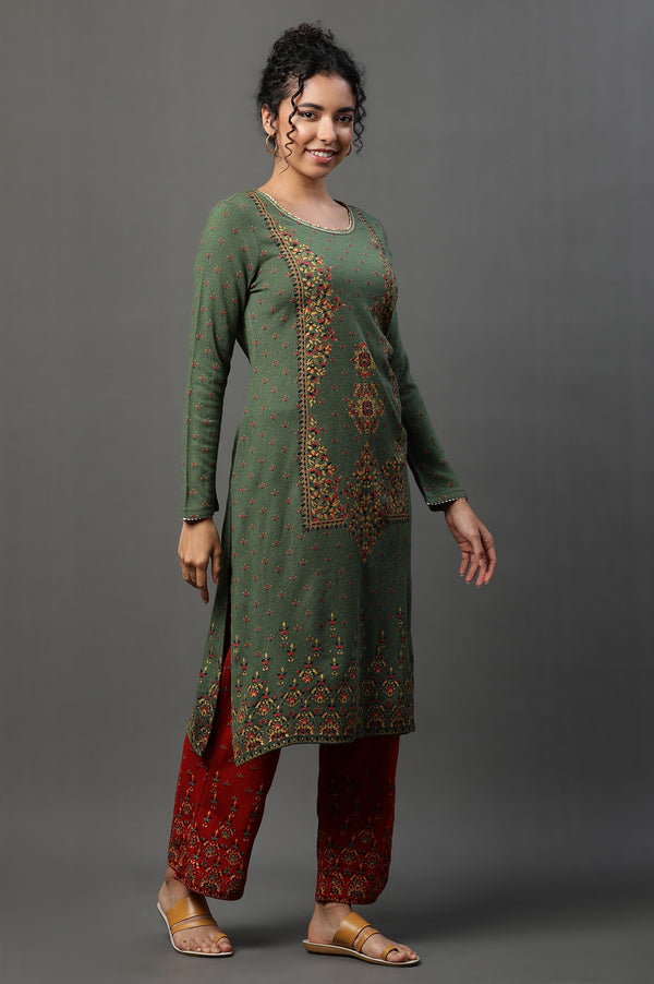Green Floral Printed Winter Kurta and Palazzos Set