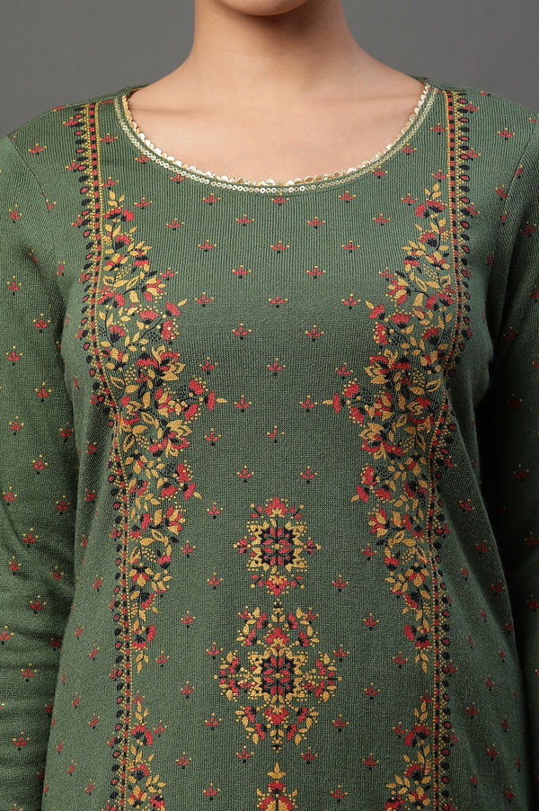 Green Floral Printed Winter Kurta and Palazzos Set