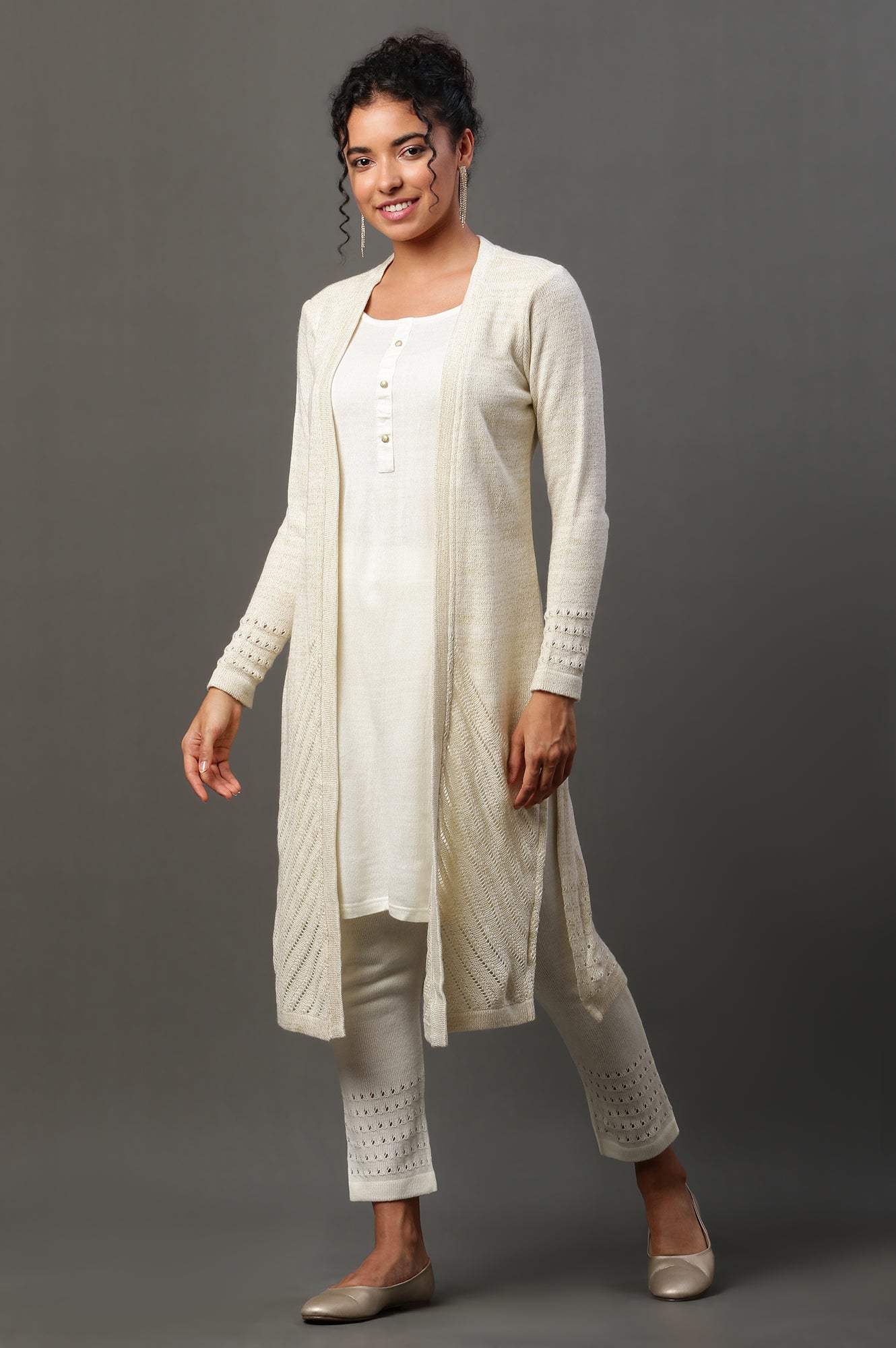 Off White Mock Layer Pointelle Kurta and Tights Set