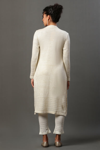 Off White Mock Layer Pointelle Kurta and Tights Set