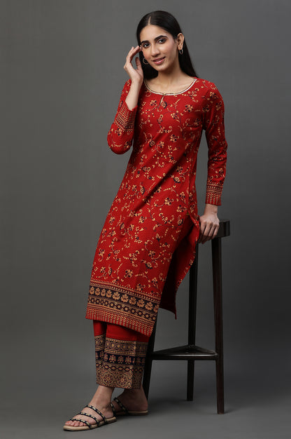 Red Floral Printed Winter Kurta and Pants Set