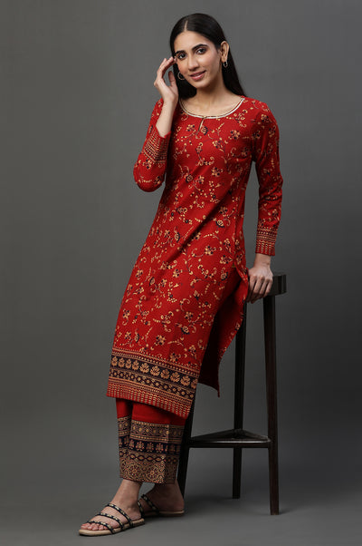 Red Floral Printed Winter Kurta and Pants Set