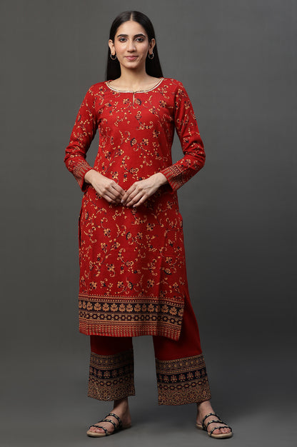 Red Floral Printed Winter Kurta and Pants Set