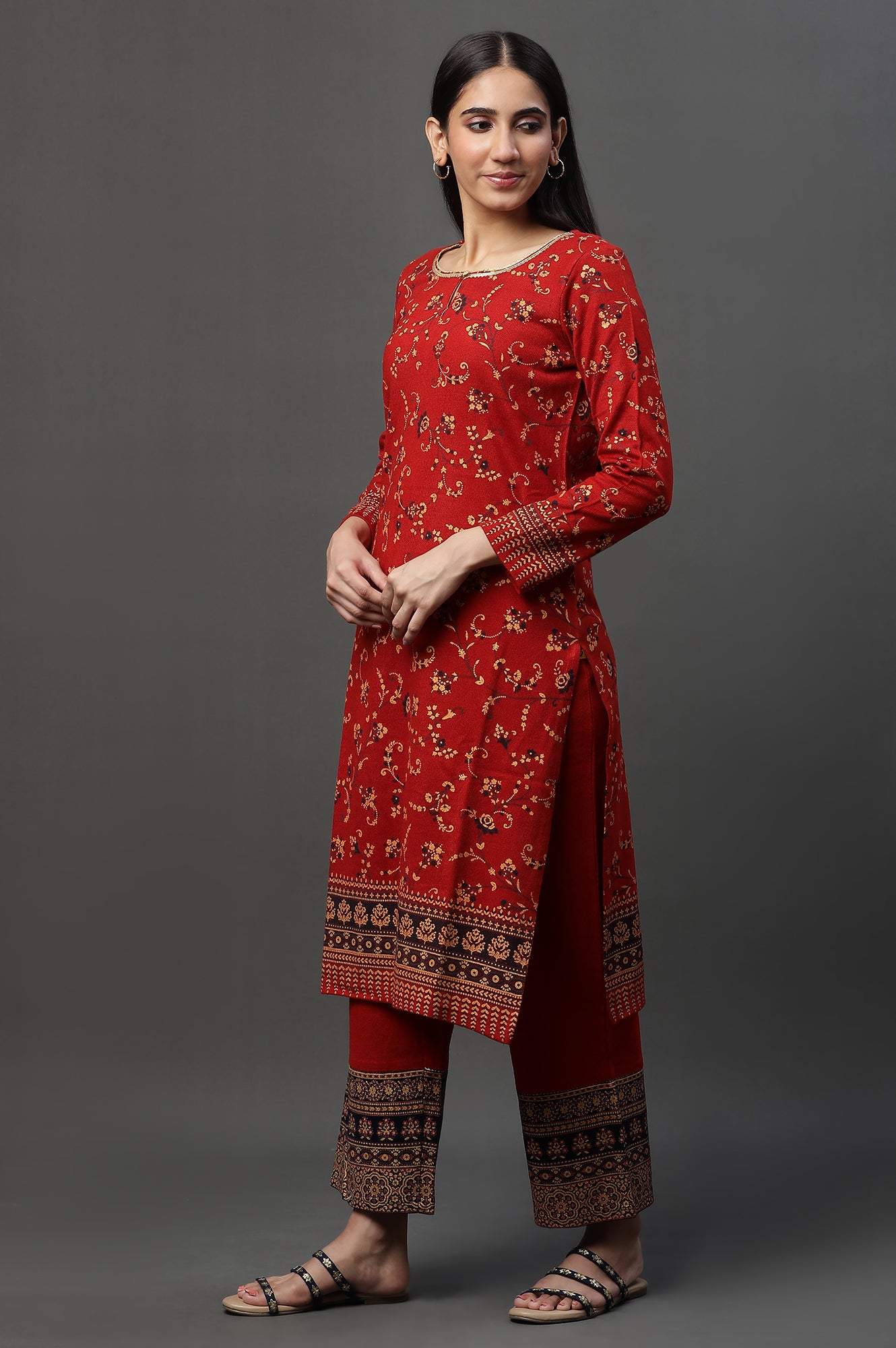 Red Floral Printed Winter Kurta and Pants Set