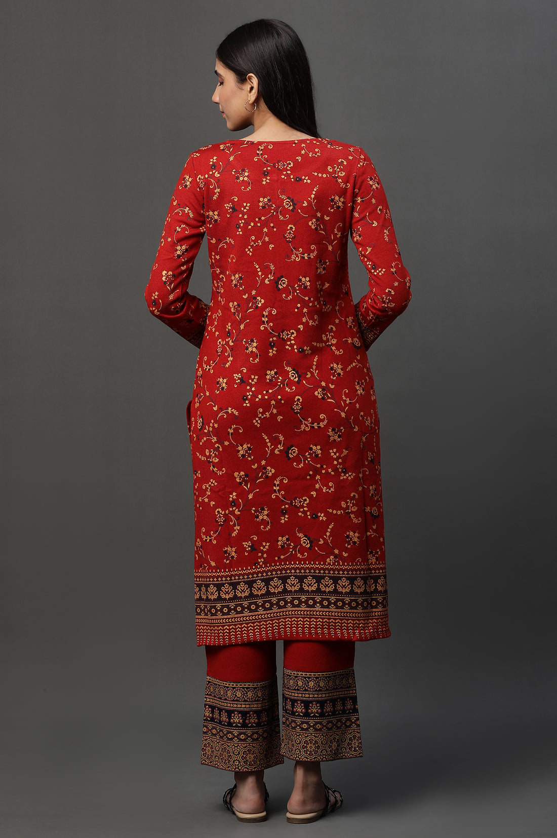 Red Floral Printed Winter Kurta and Pants Set