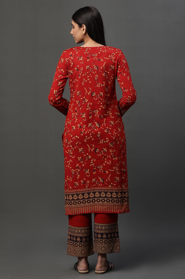 Red Floral Printed Winter Kurta and Pants Set