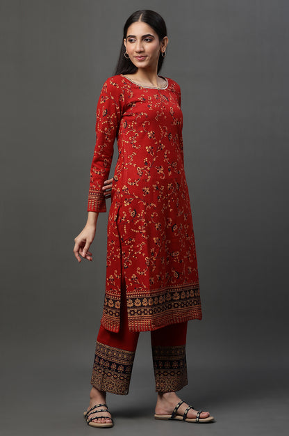 Red Floral Printed Winter Kurta and Pants Set