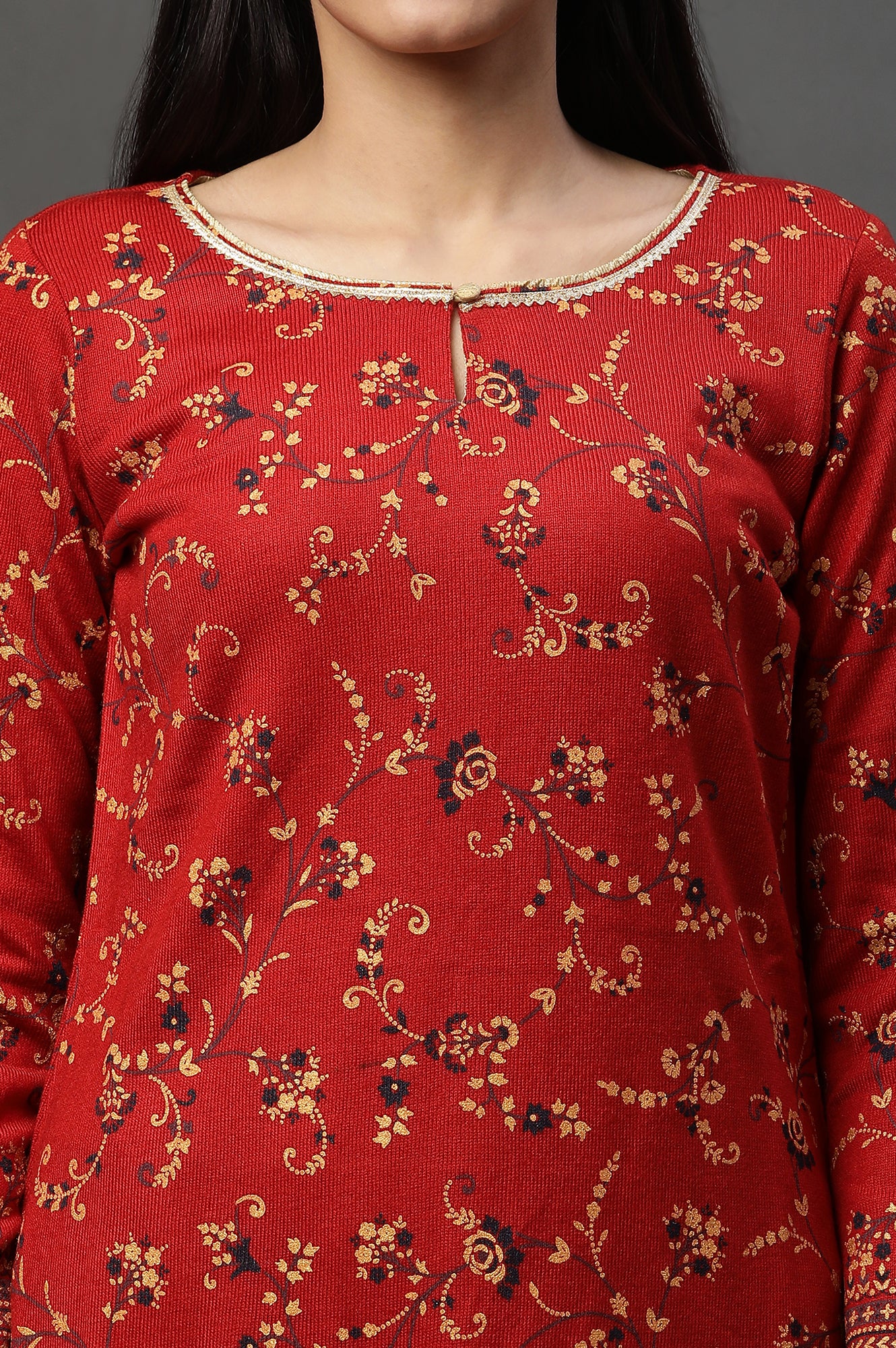 Red Floral Printed Winter Kurta and Pants Set