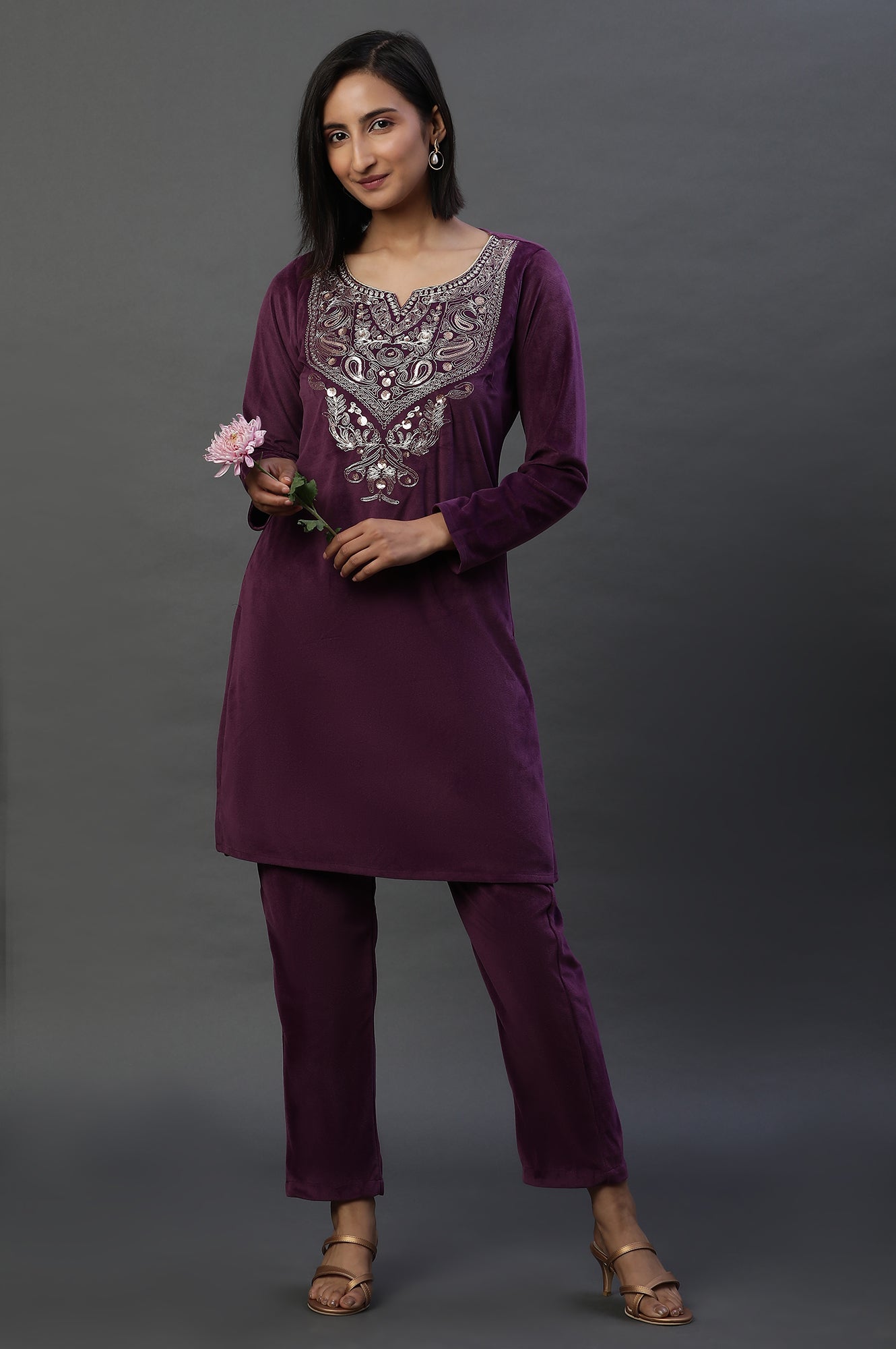 Purple Velvet Embroidered Kurta and Pants Festive Set