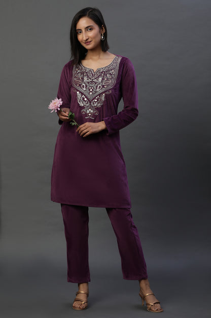 Purple Velvet Embroidered Kurta and Pants Festive Set